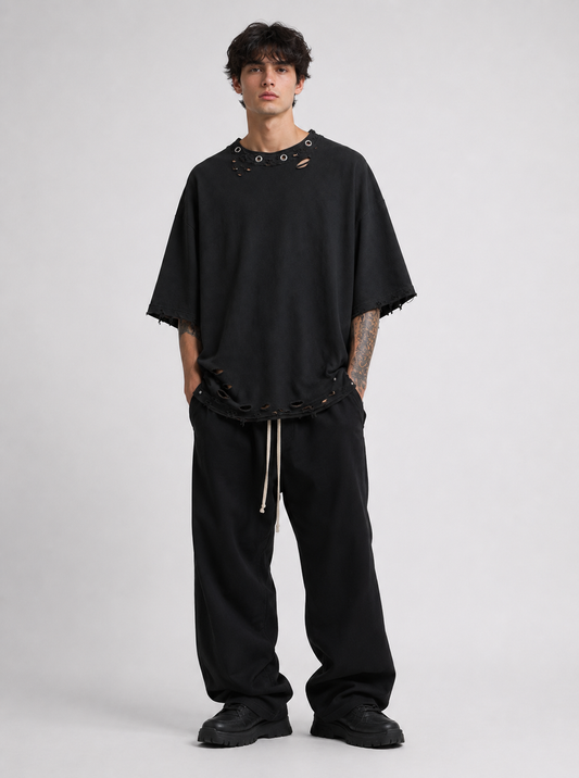 Tricou Oversize Distressed Eyelet