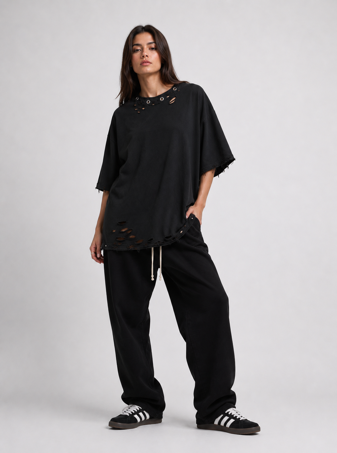 Tricou Oversize Distressed Eyelet W