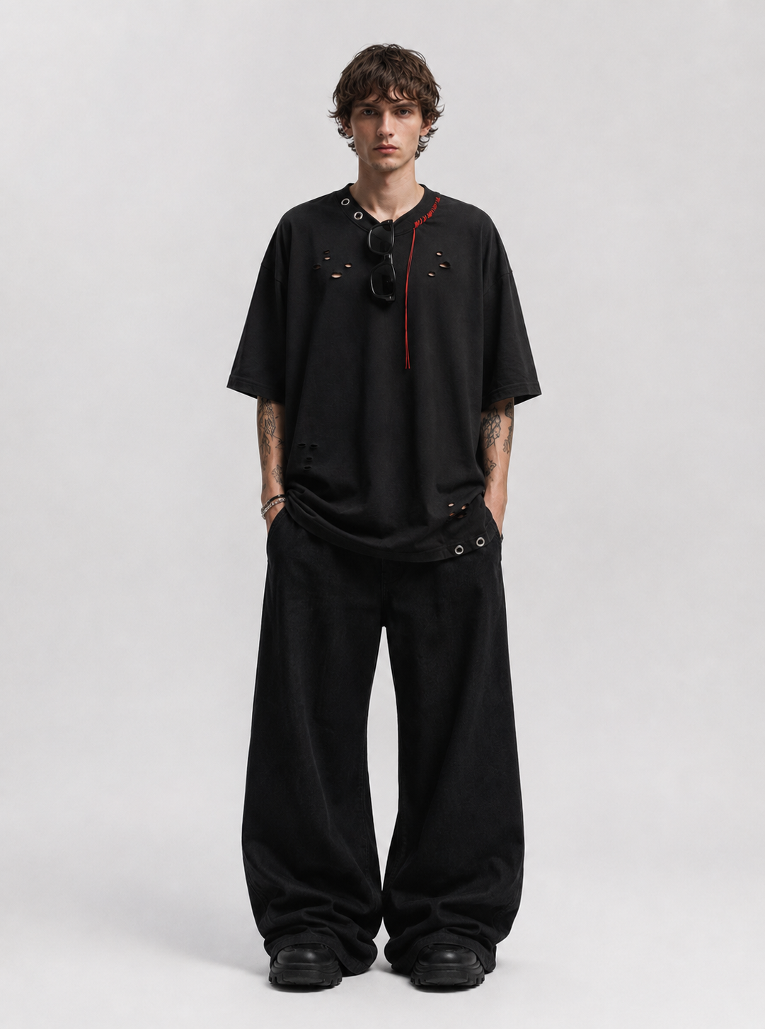 Distressed Oversize Tee — Shadow Black