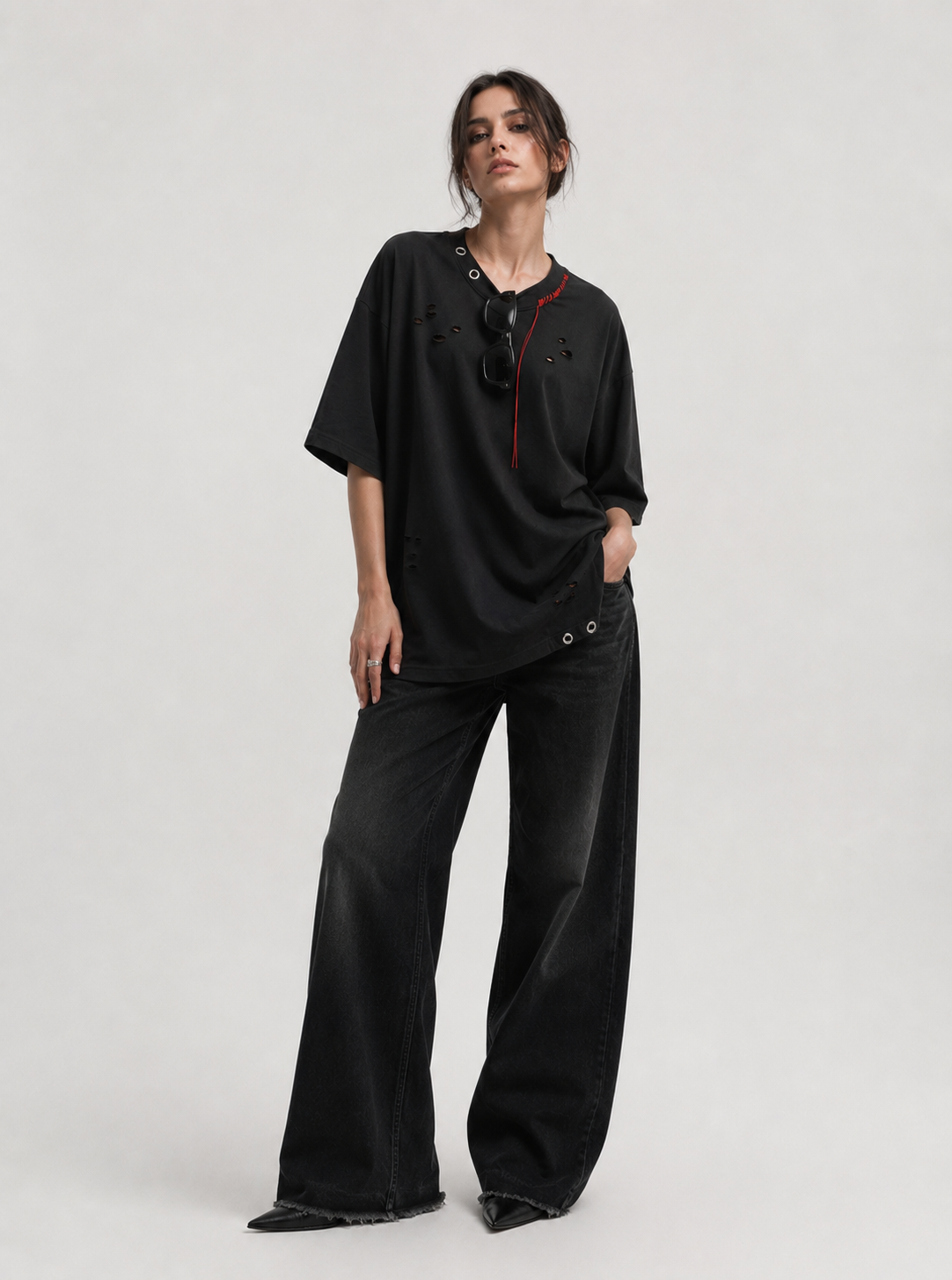 Distressed Oversize Tee — Shadow Black W